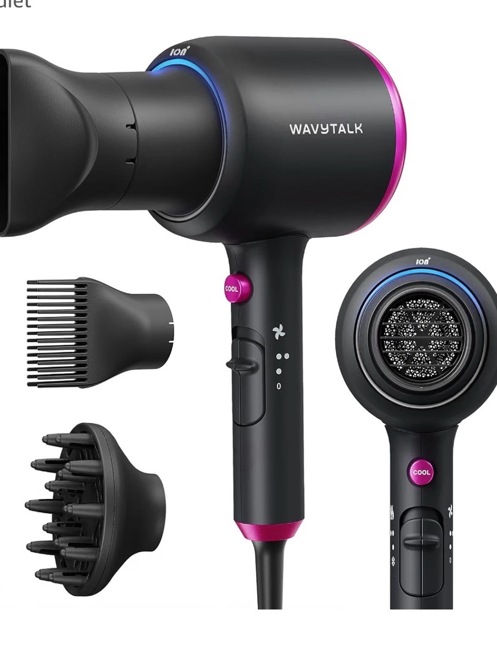 WAVYTALK black Ionic Hair Dryer with Diffuser & Attachments